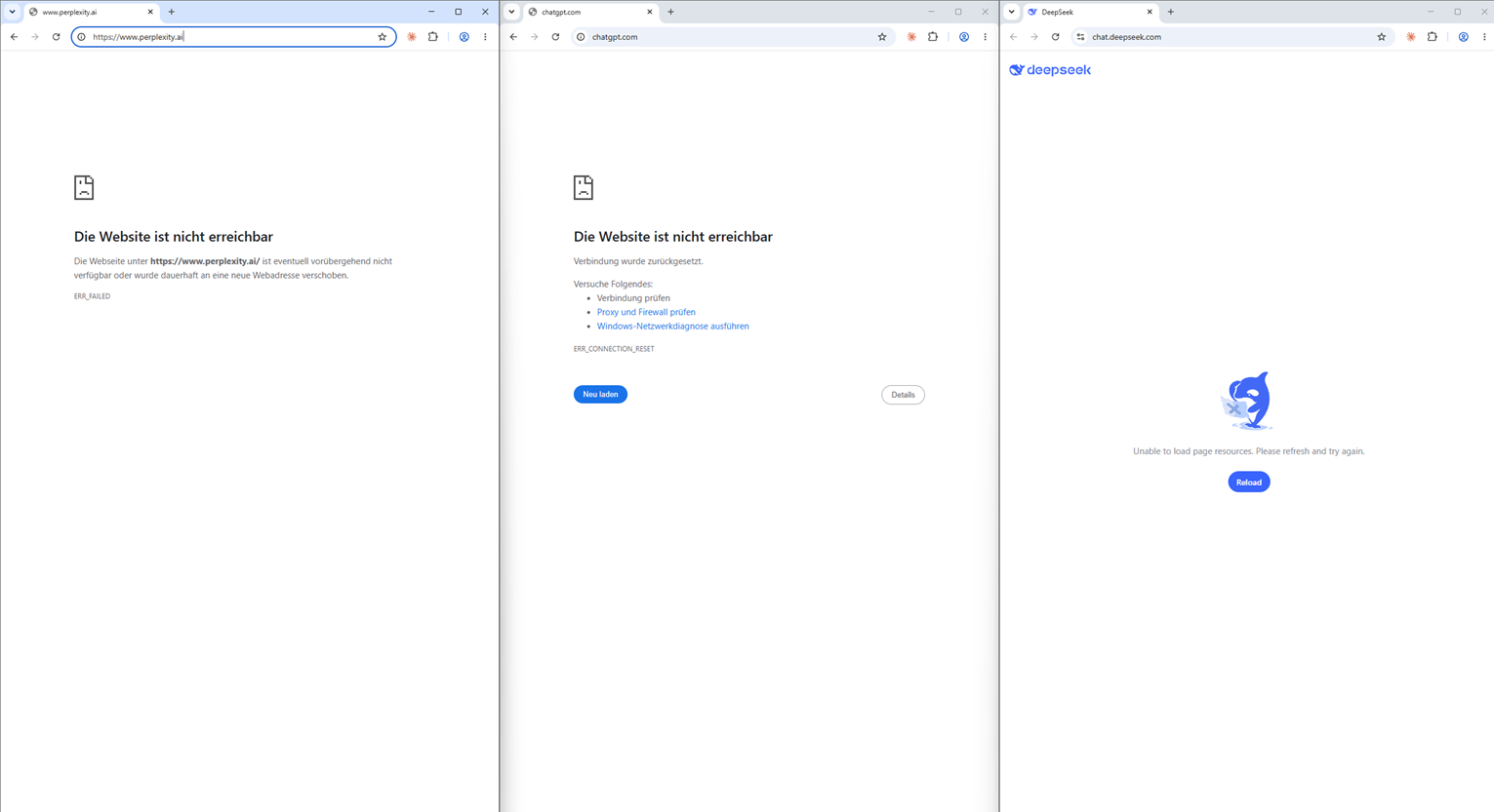 Drei Browserfenster nebeneinander: ChatGPT, Perplexity und DeepSeek sind durch die Firewall blockiert