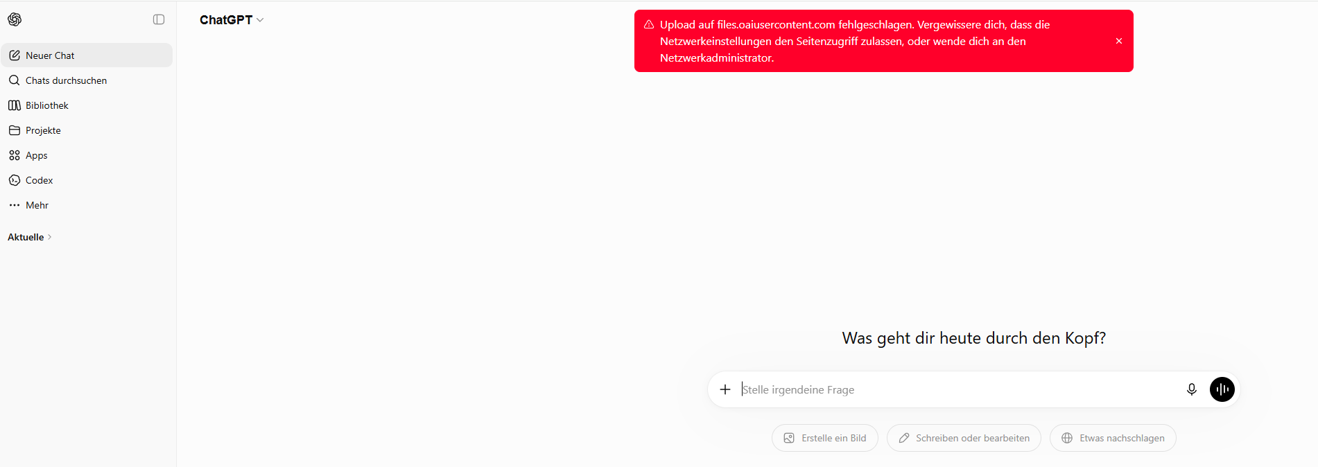 ChatGPT zeigt: Datei-Upload fehlgeschlagen, durch die Firewall blockiert
